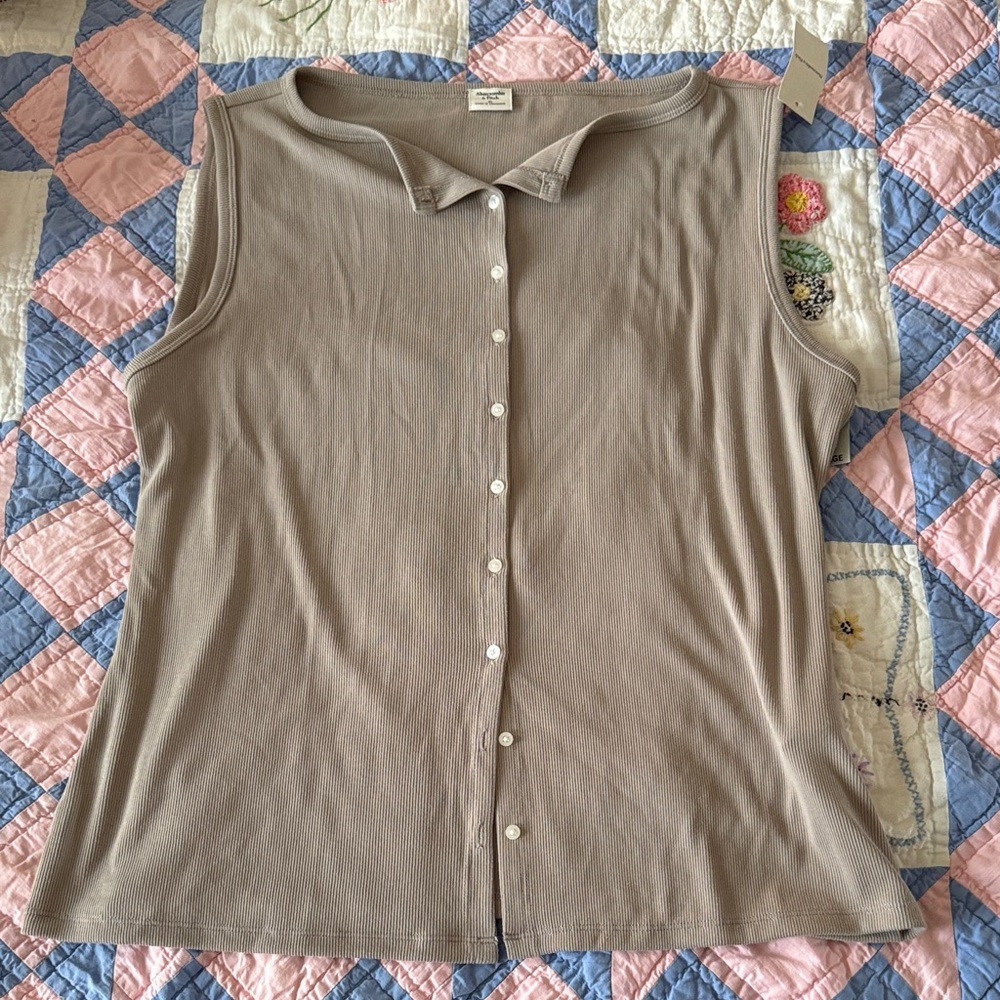 Abercrombie & Fitch Taupe Sleeveless Button-Down Top